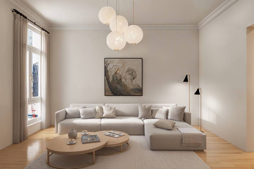 Before and after AI room redesign showing a modern living room transformation